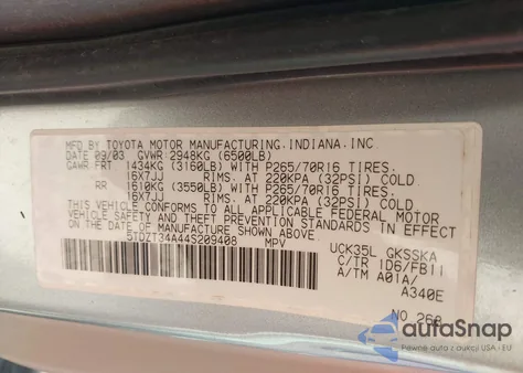 2004 Toyota Sequoia Sr5 V8 из США, поврежденный, VIN 5TDZT34A44S209408